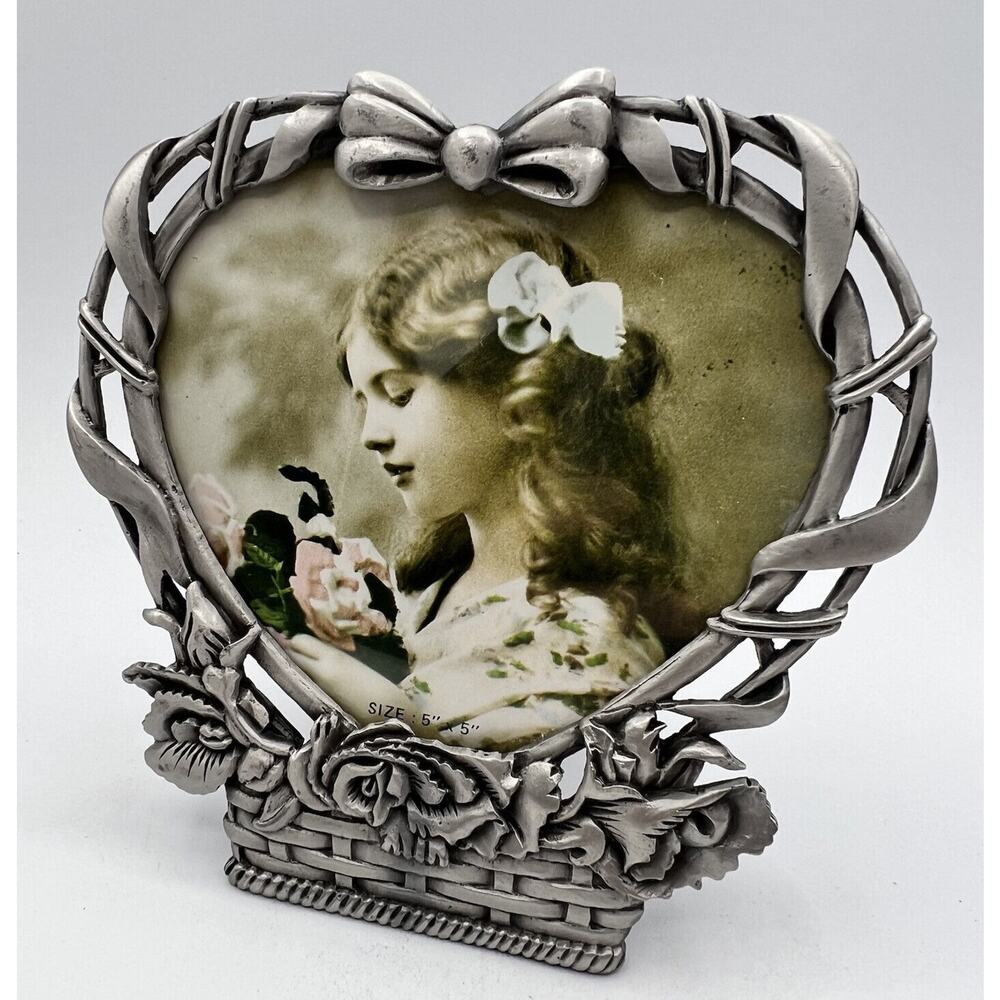 Vtg Pewter Heart Basket Floral Picture Frame Free Standing 5x5" Victorian Bow